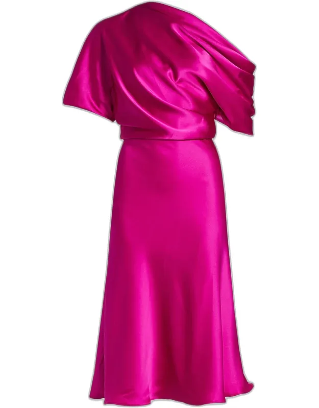 Draped Satin One-shoulder Midi Dress