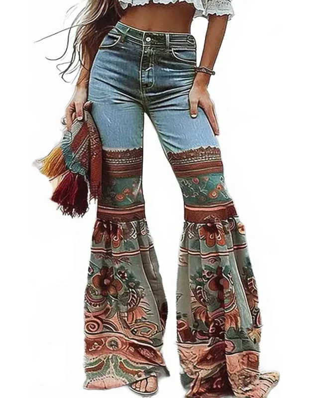 Flared Pants With Floral Print And High Waist Pockets
