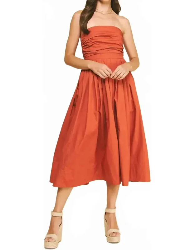 Shirring Strapless Midi Dress