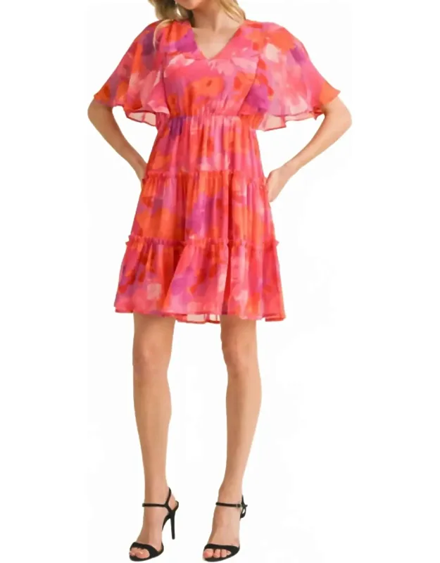 Floral Print Chiffon V-neck Dress With Short Bell Sleeves