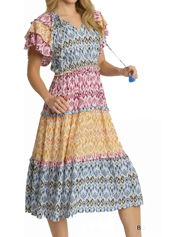 Mixed Aztec Print Midi Dress