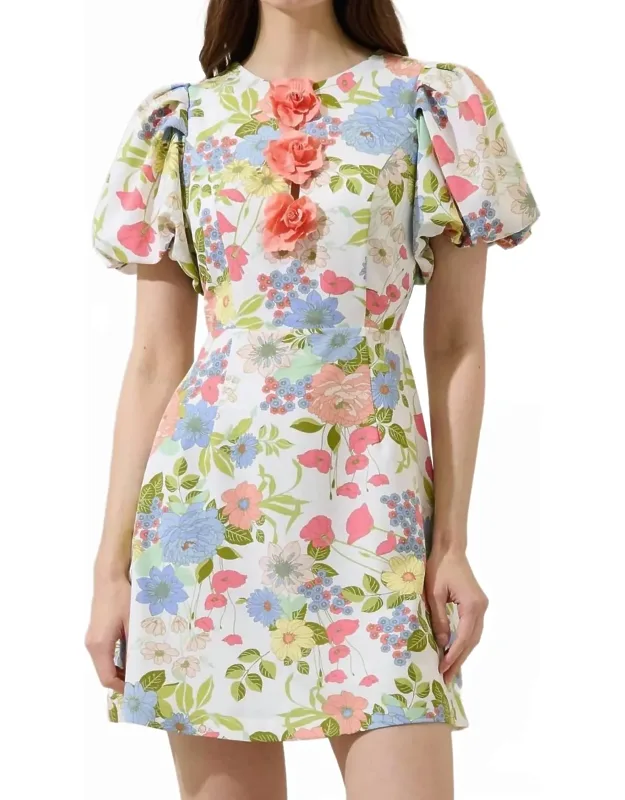 Floral Rosette Bubble Sleeve Mini Dress