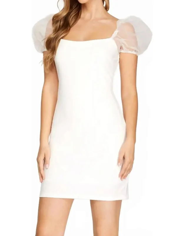 Organza Puff Sleeve Heavy Knit Mini Dress