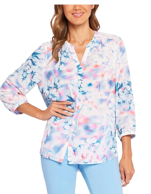 Pintuck Blouse With Billowy Three-quarter Sleeves And Split Round Neckline
