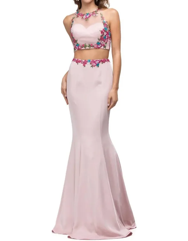 Two-piece Satin Gown With Floral Embroidered Crop Top