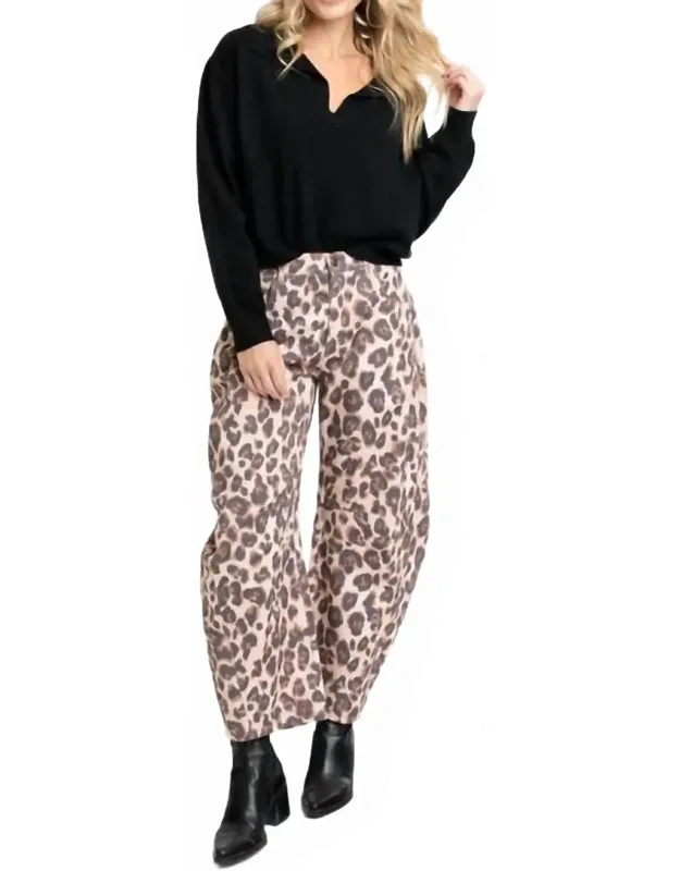 Leopard Denim Barrel Leg Jeans