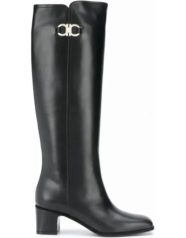 Gancini Knee-high Boot With Iconic Buckle And Square Toe
