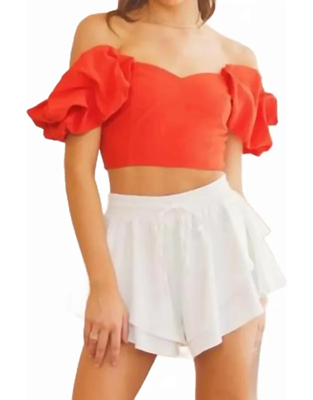 Off Shoulder Crop Top With Pleated Sleeves
