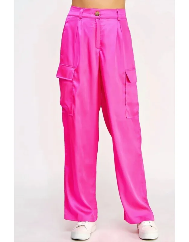 Front Pleat Satin Cargo Pants