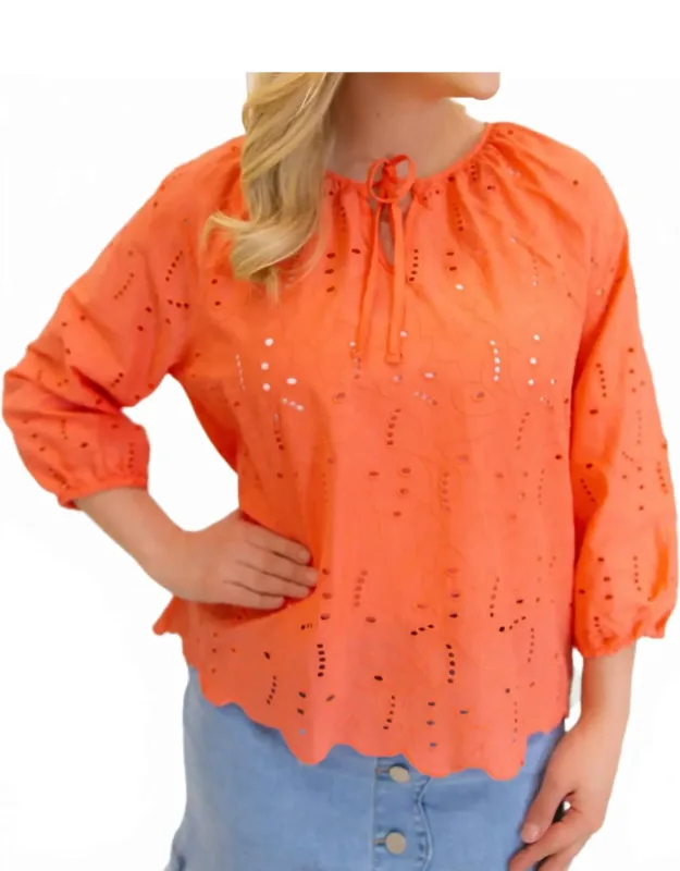 3/4 Raglan Sleeve Blouse With Tie At Notch Neckline
