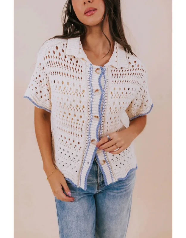 Button Down Wave Trim Collared Sweater