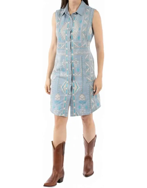 Sleeveless Embroidered Button Front Dress