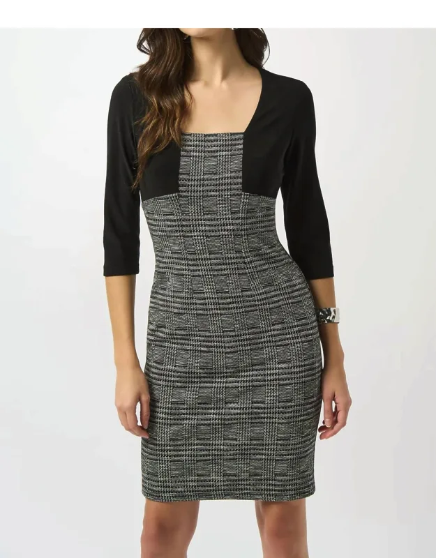 Plaid Print 3/4 Sleeve Sheath Dress
