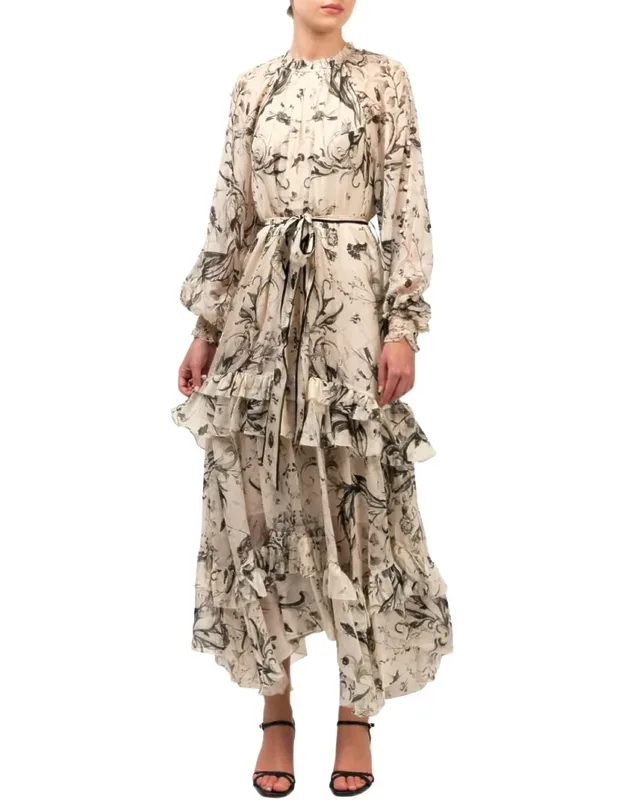 Ruffle Silk Chiffon Maxi Dress