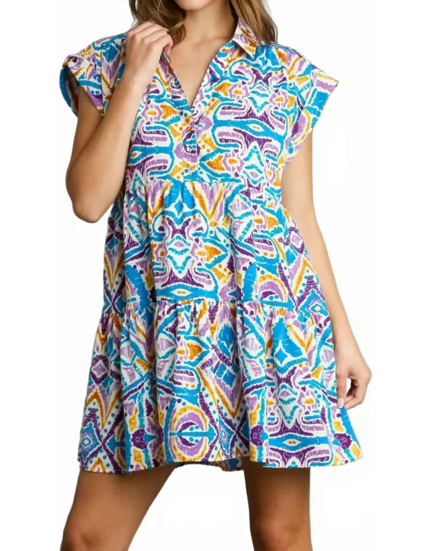 Aztec Printed Tiered Collared Mini Dress