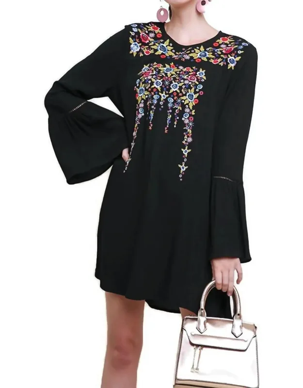 Floral Embroidered Bell Sleeve Mini Dress