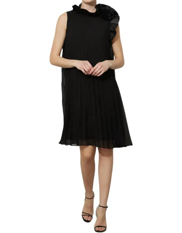 Rosette Sleeveless Multi Pleat Dress