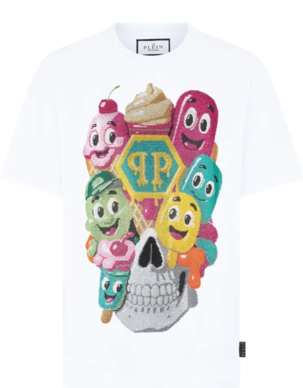 Round Neck T-shirt Ice Cream Skull With Rhinestoned Pattern And Rib Knit Neckline