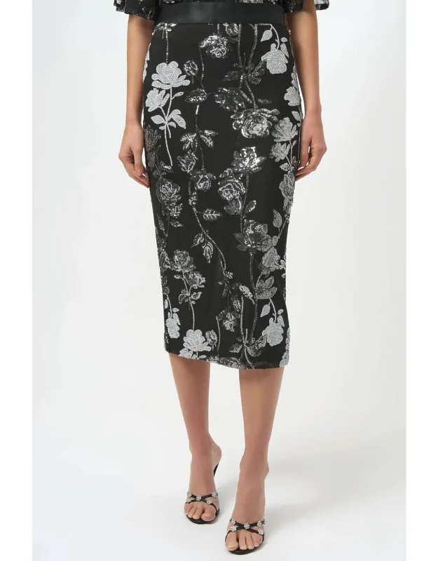 Sequined Floral Mesh Midi Pencil Skirt
