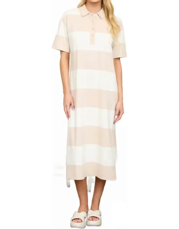 Wide Stripe Collared Short Sleeve Midi Shirt Dress
