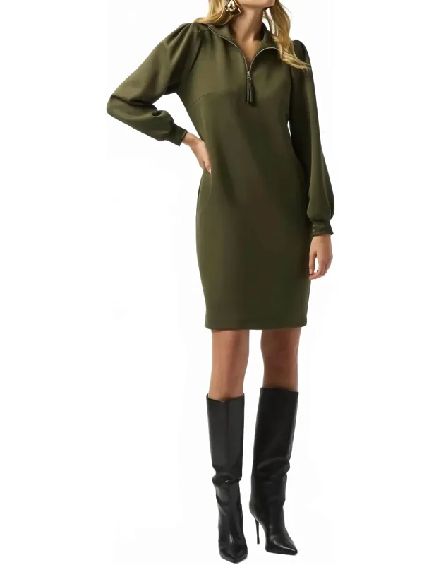Zipped Collared Long Puff Sleeve Shift Dress