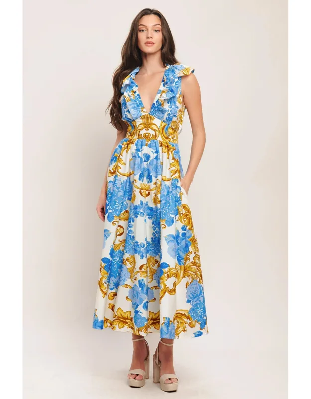 Baroque Bloom Woven Midi Dress