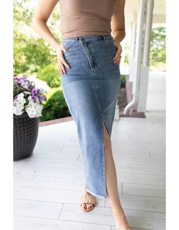 Asymmetrical Denim Midi Skirt