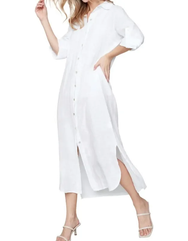 Linen 3/4 Roll Up Sleeve Button Front Tunic Dress