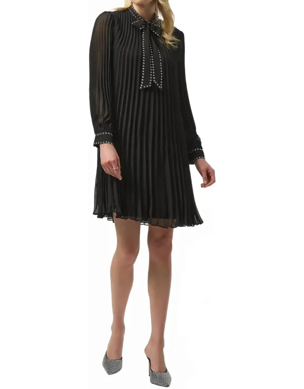 Studded Scarf Collar Long Puff Sleeve A-line Dress