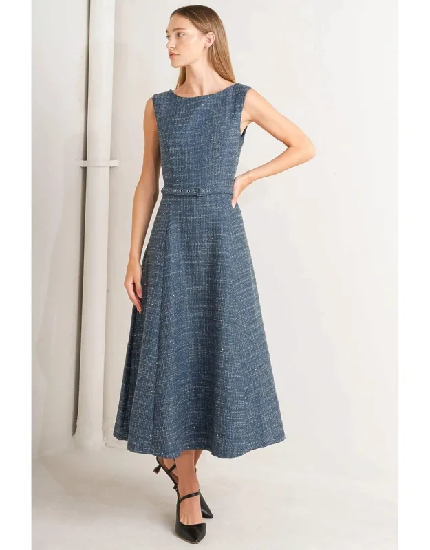Vintage Vibe Boucle Woven Tweed Midi Dress
