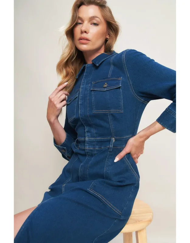 Midnight Dark Indigo Denim Midi Dress