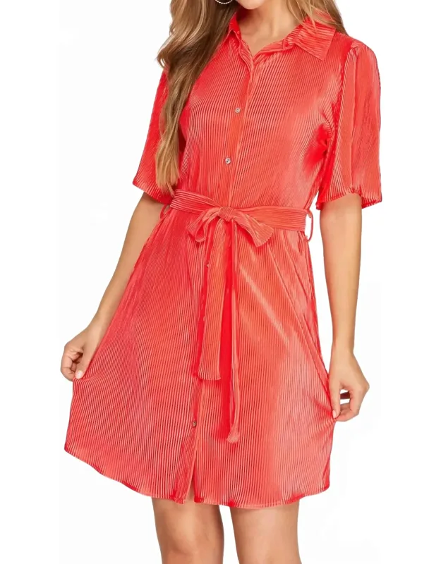 Half Sleeve Plisse Woven Button Down Dress With Waist Sash