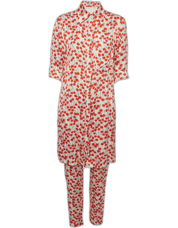 Cherry Print Satin Tunic And Pants Set