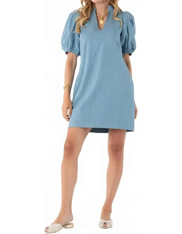 Hampton Mini Dress In Denim With Short Puff Sleeves And Relaxed Shift Silhouette