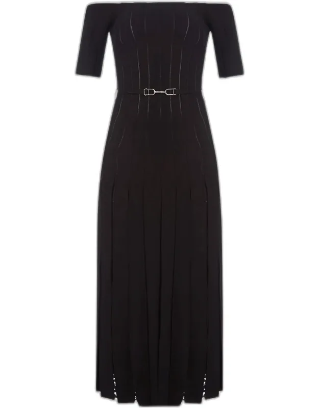 Off-the-shoulder Pleated Merino Dress
