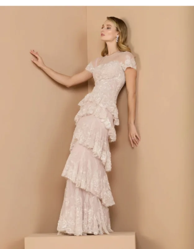 Embellished High Neck Gown With Tiered Ruffle Skirt