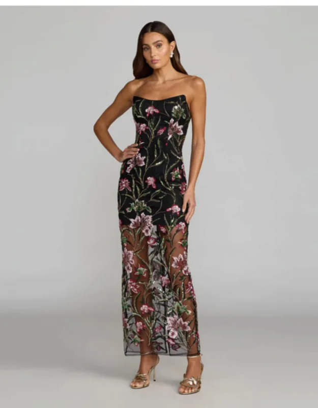 Strapless Floral Embroidered Column Dress