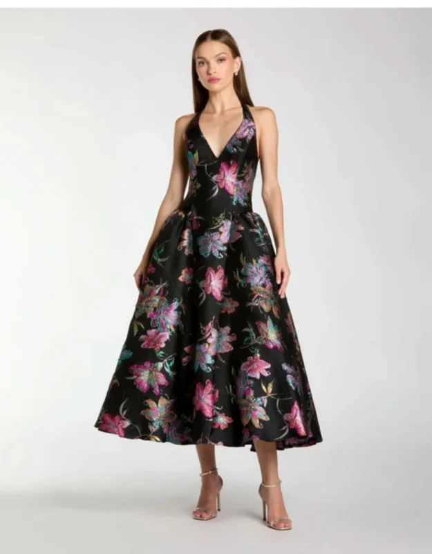 Brocade Halter Neck Open Back Midi Dress