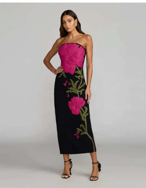 Strapless Floral Embroidered Midi Dress