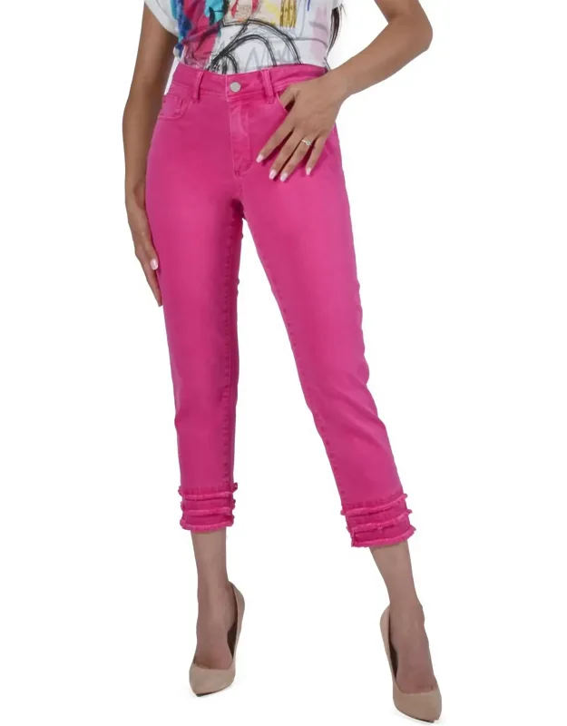 Woven Denim Pants With Fringe Detail