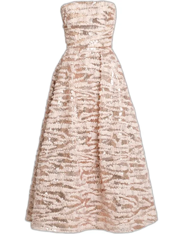 Sequined Chiffon Ruffled Strapless Tea-length Dress
