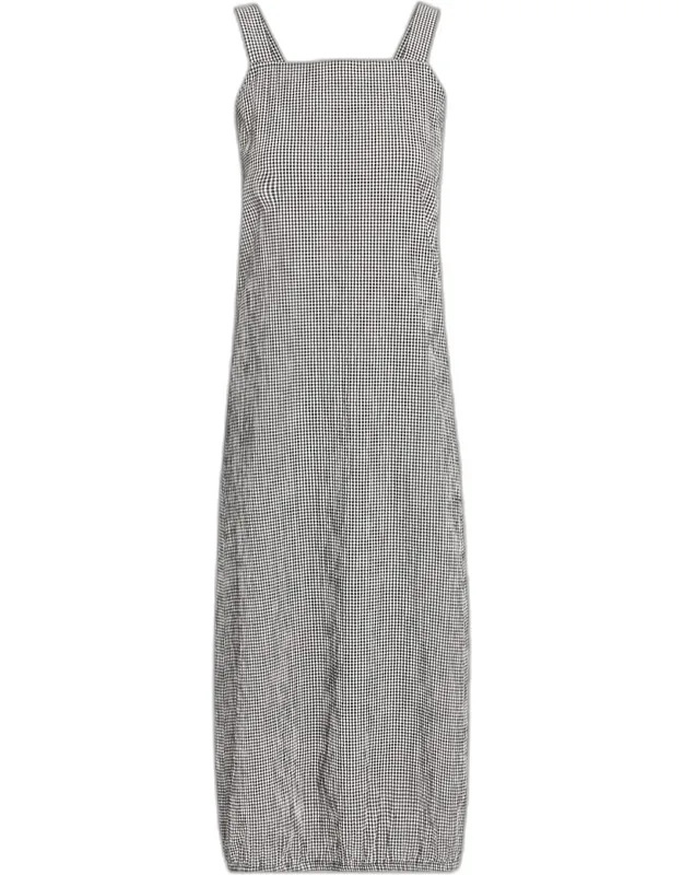 Crinkled Organic Cotton Check Lantern Midi Dress