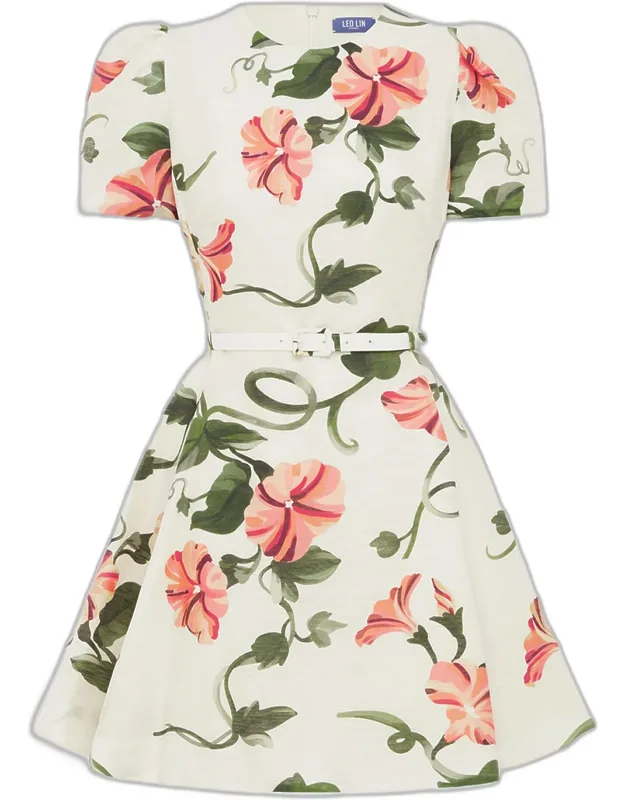 Belted Floral Linen-blend Mini Dress