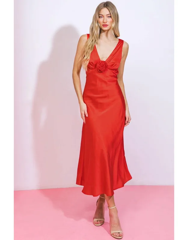 Beyond Words Woven Midi Dress With V Neckline And Rose Corsage