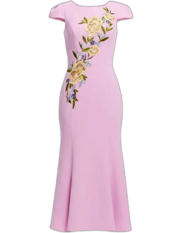 Floral Applique Crepe Midi Dress