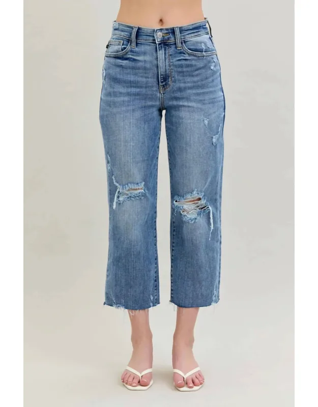 High Waist Destroyed Wide Leg Crop Denim Jeans