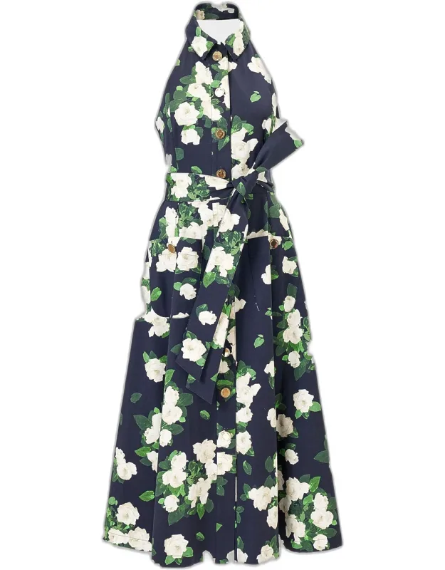 Floral Cotton Button-front Halter Midi Dress