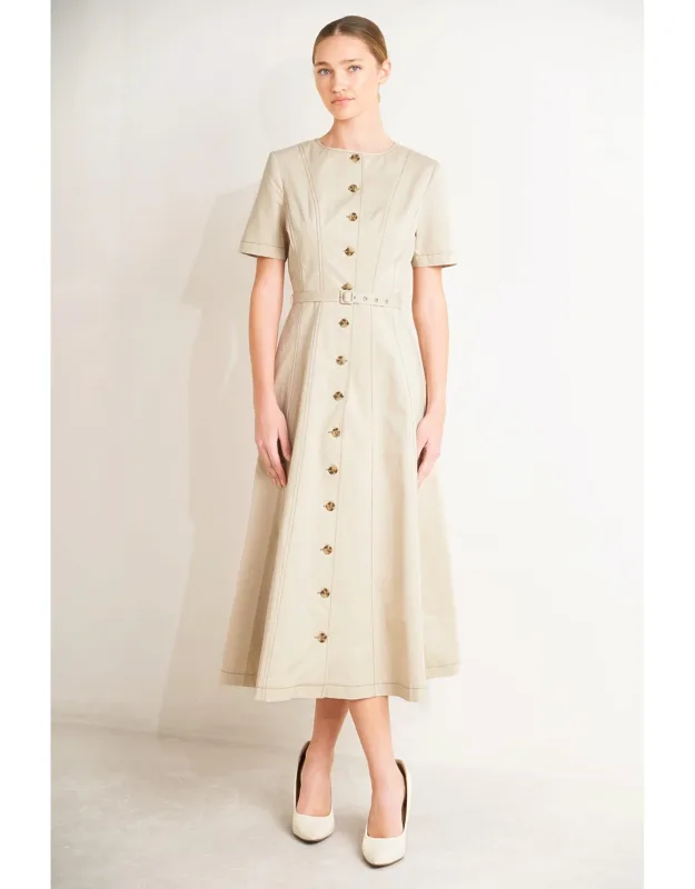 Command The Room Woven Midi Dress With Round Neckline And Button Down