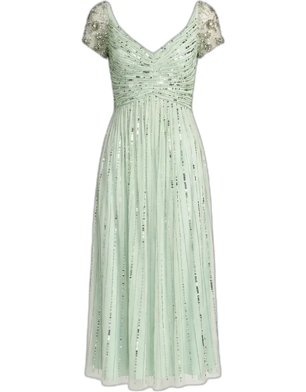 Ruched Bead And Sequin Mesh Midi Dress