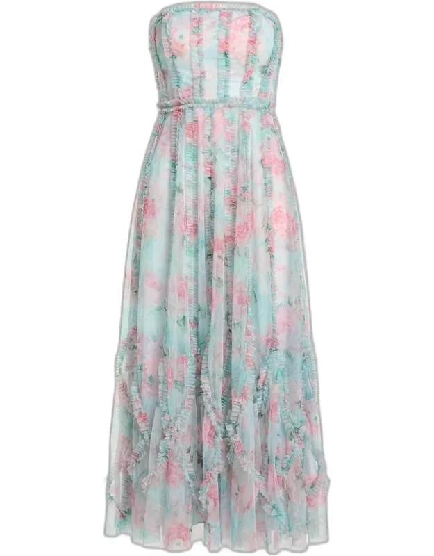 Ruffle-trim Floral Mesh Midi Dress